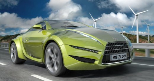 Alternative energy concept car with wind turbines in background