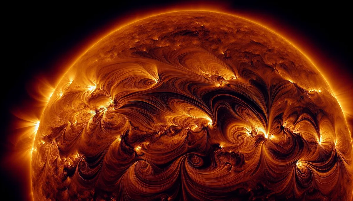 Close up image of half the sun's surface with plasma plumes swirling from its fusion-powered core