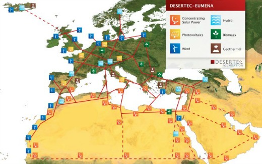 Interconnected Plan for Europe and North Africa with Solar Thermal and other Renewables planed by Desertec 